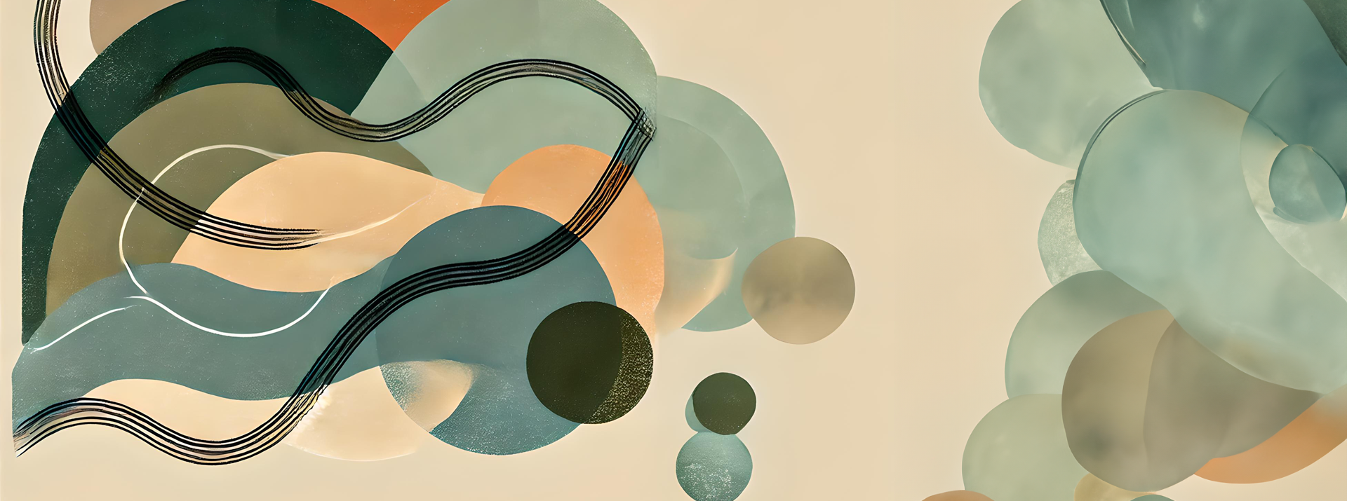 Abstract image representing Speech Therapy Services in East Bay, featuring overlapping organic shapes in soft tones like forest green, muted orange, and beige, with hand-painted textured brush-strokes and curved black lines.