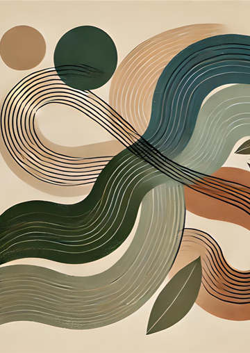 Abstract art representing Sylvan Speech Therapy, featuring flowing lines and muted tones of green, beige, and blue.