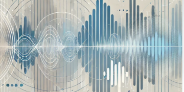 Abstract representation of AI voice hypertension detection featuring sound waves and tech lines in muted tones of blue and gray.